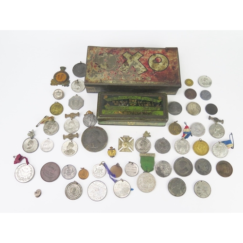 850 - A collection of 19th century and later bronze and metal commemorative medallions contained in two me... 