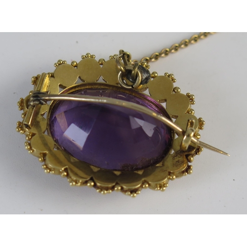 65 - A Victorian Amethyst and Pearl (untested) Brooch in an unmarked gold setting with safety chain, c. 2... 