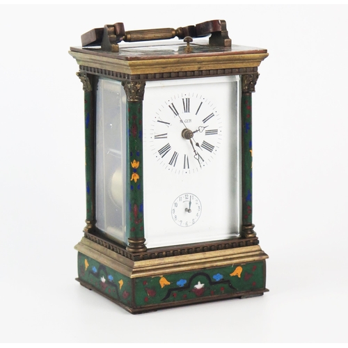 1307 - A Chinese champleve enamel and brass carriage clock, the movement with lever platform escapement, pu... 