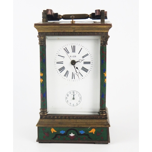 1307 - A Chinese champleve enamel and brass carriage clock, the movement with lever platform escapement, pu... 