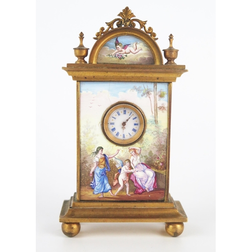 1308 - A Viennese gilt metal and enamel bedside timepiece, of arched outline, the pediment decorated with a... 