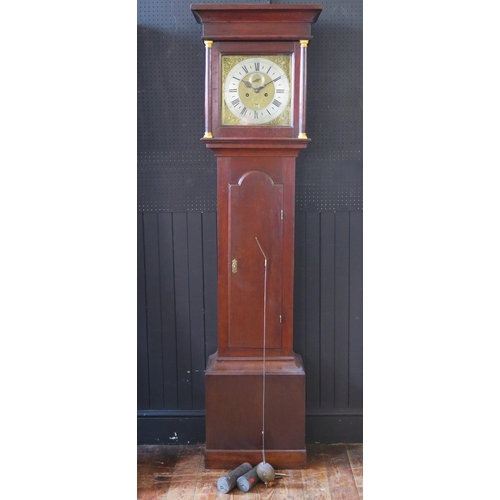 William Stumbles, Totnes, an oak longcase clock, the eight day five pillared twin train movement striking to a bell, the 30cm square brass dial with silvered chapter ring with Roman numerals and five minute outer markings with Arabic numbers, having a matted centre with date aperture and seconds subsidiary dial, cast brass Roccco style female mask spandrels enclosed by a wheat ear engraved border, signed to the chapter ring William Stumbles, Totnes, the associated case with square hood and turned columns, the trunk with arched moulded panel door on a box base, 222cm high.