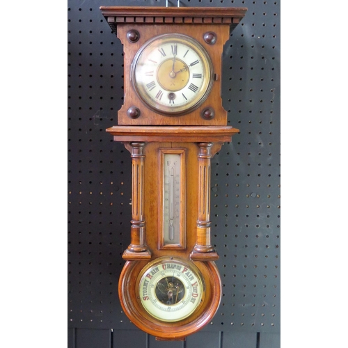 1313 - An Edwardian mahogany combination wall timepiece, of rectangular outline, with dentil moulded cornic... 