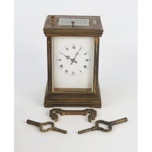 1317 - A French brass carriage clock, with 7cm roman dial, the movement with platform escapement, push repe... 