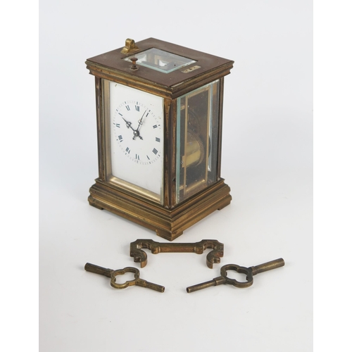 1317 - A French brass carriage clock, with 7cm roman dial, the movement with platform escapement, push repe... 