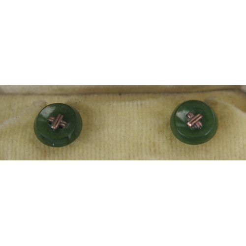 132 - A Boxed Pair of 9ct Gold and Green Stone Studs, maker P.N.D., 2.8g