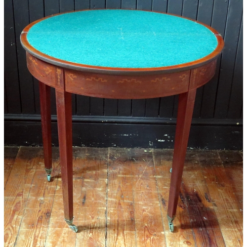 1332 - A 19th century mahogany crossbanded and inlaid demi-lune card table, the hinged top with inlaid garl... 