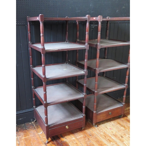 1335 - A matched pair of 19th century mahogany five tier whatnots, each square tier raised on ring turned s... 