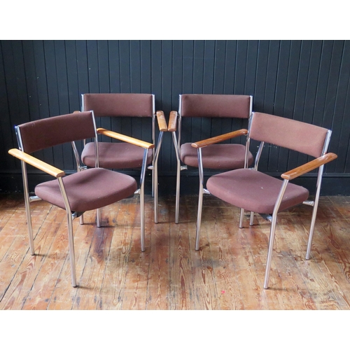 1343 - A set of four Antocks Lairn stainless steel and teak elbow chairs, with padded backs and seats, labe... 