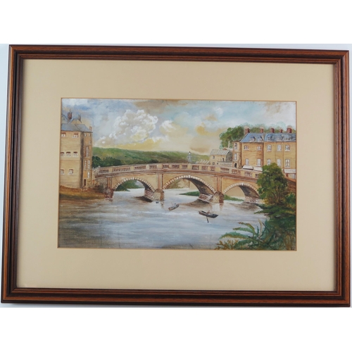 1375 - Victorian primitive school, Exe Bridge Exeter, watercolour, circa 1870, mounted, framed and glazed, ... 