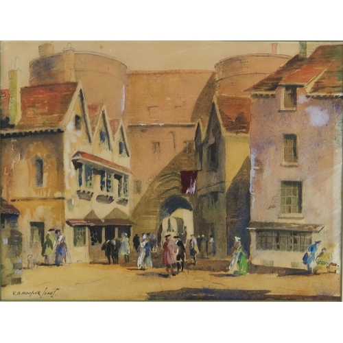 1376 - R B Hooper Jones, South Gate, Exeter, watercolour, signed, undated, mounted , framed and glazed, 32 ... 