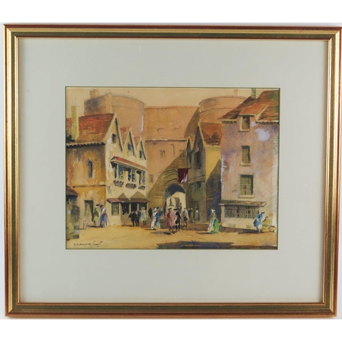 1376 - R B Hooper Jones, South Gate, Exeter, watercolour, signed, undated, mounted , framed and glazed, 32 ... 