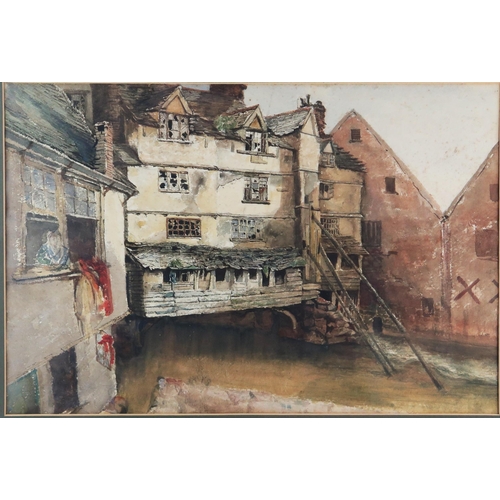 1377 - Unknown artist, Portion of the Old Exe Bridge, watercolour, unsigned and undated, mounted, framed an... 