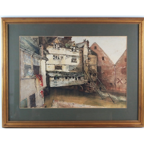 1377 - Unknown artist, Portion of the Old Exe Bridge, watercolour, unsigned and undated, mounted, framed an... 