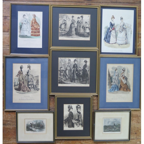 1385 - A collection of nine assorted fashion plates and sporting prints, all framed and glazed.