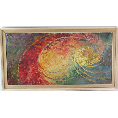 1394 - 20th century school.
abstract sun spiral, oil on canvas, unsigned and undated, 45 x 90cm.