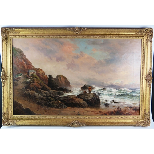 1395 - G.H. Jenkins, Figures on a Rocky Shore, oil on canvas, 104x69cm including frame. Tear to bottom righ... 