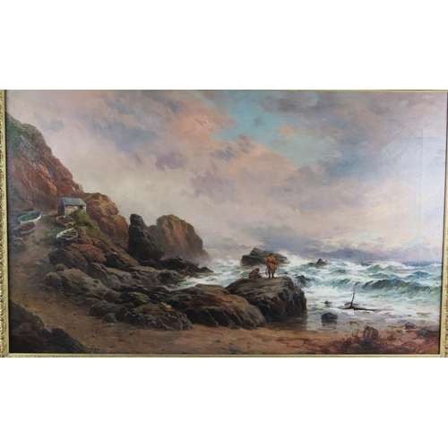 1395 - G.H. Jenkins, Figures on a Rocky Shore, oil on canvas, 104x69cm including frame. Tear to bottom righ... 