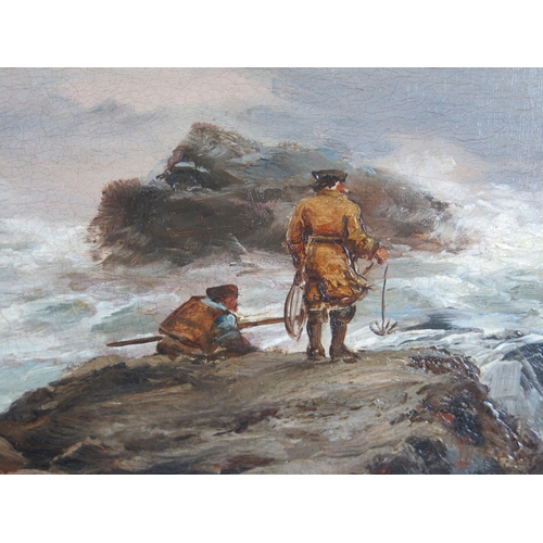 1395 - G.H. Jenkins, Figures on a Rocky Shore, oil on canvas, 104x69cm including frame. Tear to bottom righ... 