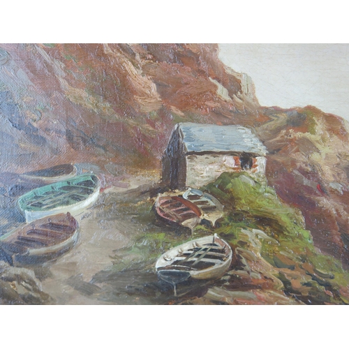 1395 - G.H. Jenkins, Figures on a Rocky Shore, oil on canvas, 104x69cm including frame. Tear to bottom righ... 