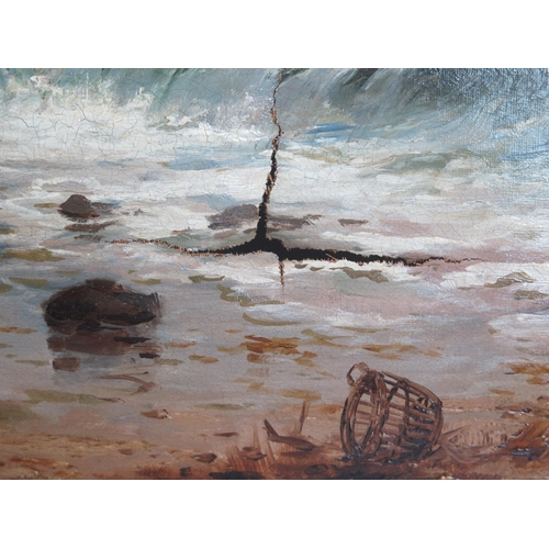 1395 - G.H. Jenkins, Figures on a Rocky Shore, oil on canvas, 104x69cm including frame. Tear to bottom righ... 