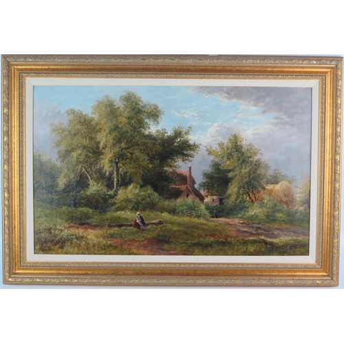 1412 - W.H. Hall (British fl.1859-1880), Cottage scene with figures, oil on canvas, 79x53cm including frame