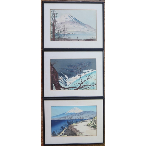 1418 - Three Japanese Woodblock Prints of Mount Fuji, framed & glazed, 51x39cm