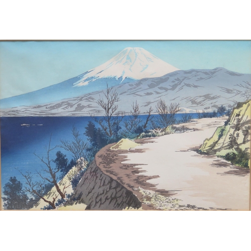 1418 - Three Japanese Woodblock Prints of Mount Fuji, framed & glazed, 51x39cm