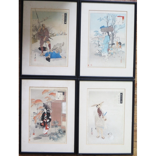 1421 - Maehara Isuke, Akahani Shigekata, Mizuno Toshikata and Hisagionna _ Four woodblock prints framed & g... 