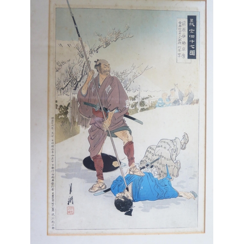 1421 - Maehara Isuke, Akahani Shigekata, Mizuno Toshikata and Hisagionna _ Four woodblock prints framed & g... 