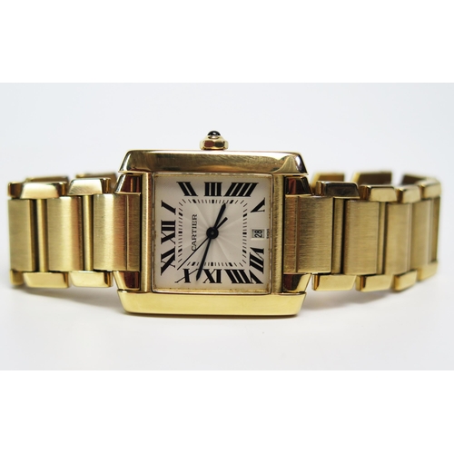 A Gent's CARTIER Tank Française 18K Gold Wristwatch, ref: 1840 with automatic movement and two additional links, case back no. CC795866, 140.8g. Boxed with booklets and bag. Winds, runs and keeping time
