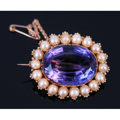 65 - A Victorian Amethyst and Pearl (untested) Brooch in an unmarked gold setting with safety chain, c. 2... 