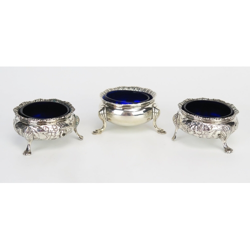 718 - A pair of Victorian silver cauldron salts, with gadrooned borders, raised on three swept feet, with ... 