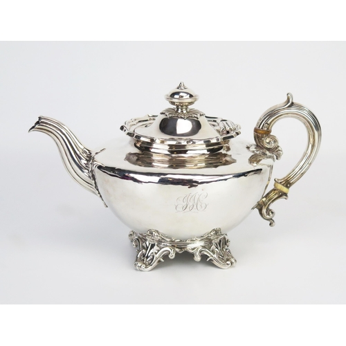 722 - A Victorian silver circular teapot, maker Robinson, Edkins & Ashton, Birmingham, 1842, crested, the ... 