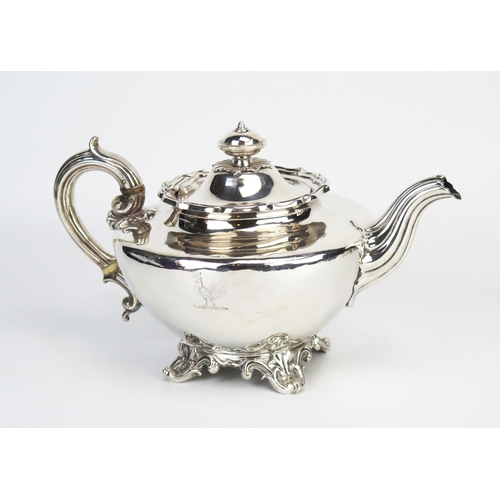 722 - A Victorian silver circular teapot, maker Robinson, Edkins & Ashton, Birmingham, 1842, crested, the ... 