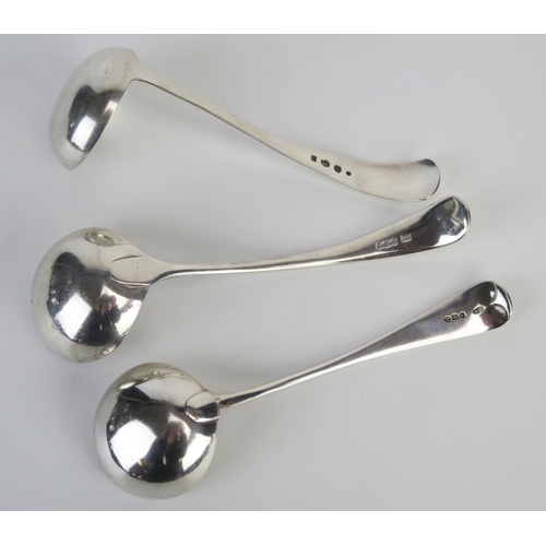 734 - Three assorted silver sauce ladles, various makers and dates, total weight of silver 190gms, 6.12ozs