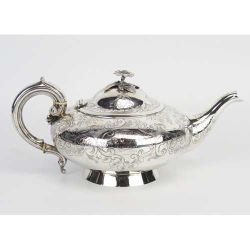 736 - A Victorian silver teapot, maker Charles Lias, London, 1847, of squat circular form, crested and ins... 