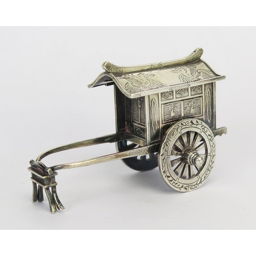 759 - A Chinese silver model of a bridal cart, the slide-off roof with mythical bird decoration, raised on... 