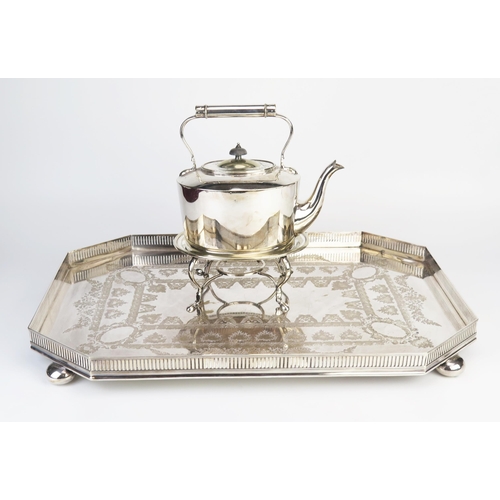 762 - A large silver plated rectangular serving tray, with galleried sides and canted corners, the centre ... 