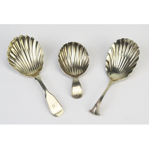 764 - Three silver shell-shaped caddy spoons, maker William Hutton & Sons, London, 1889, James Ross, Glasg... 