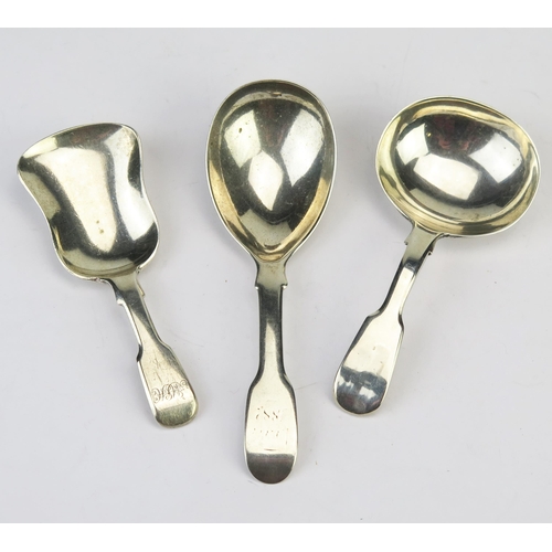 765 - Three silver Fiddle pattern caddy spoons, maker Charles Boyton I, London, 1837, James Beebe, London,... 