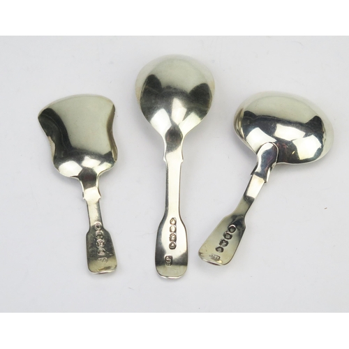 765 - Three silver Fiddle pattern caddy spoons, maker Charles Boyton I, London, 1837, James Beebe, London,... 