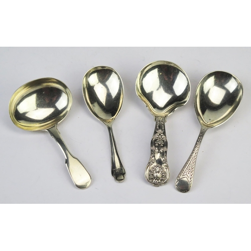 767 - Four assorted silver caddy spoons, various makers and dates, total weight of silver 82gms, 2.65ozs.