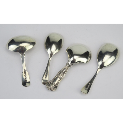 767 - Four assorted silver caddy spoons, various makers and dates, total weight of silver 82gms, 2.65ozs.