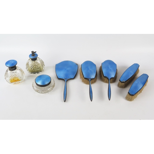 798H - George V silver and blue enamel dressing table set, Birmingham 1930, includes hand mirror, clothes a... 