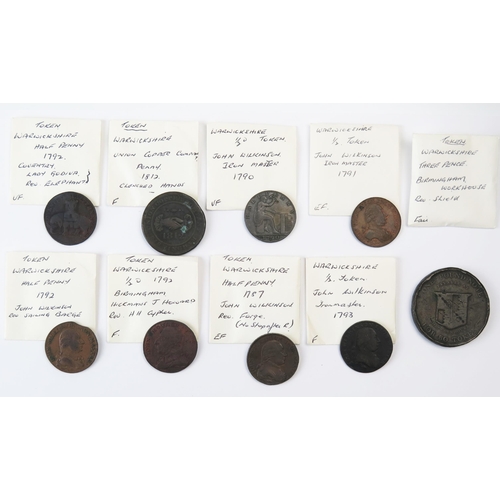 801 - Group of nine Warwickshire trade token including Birmingham Workhouse threepence token.