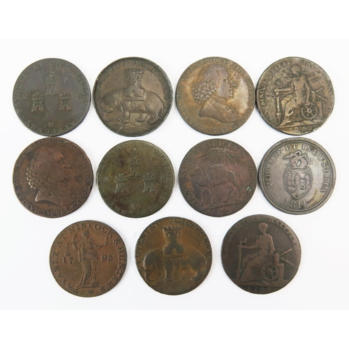 804 - Six x Chester halfpenny tokens with three x Somerset tokens and two Coventry Lady Godiva tokens.