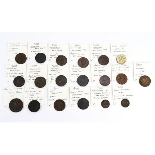 805 - Seven x Hampshire halfpenny tokens, three x Norfolk tokens with nine other mixed tokens.