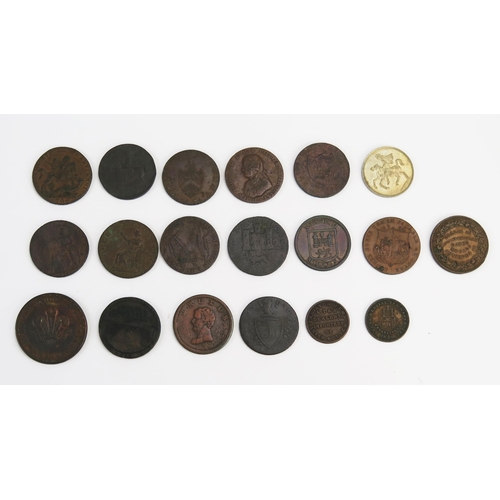 805 - Seven x Hampshire halfpenny tokens, three x Norfolk tokens with nine other mixed tokens.