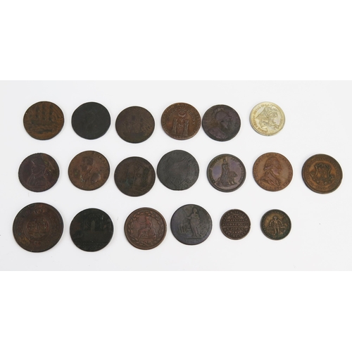 805 - Seven x Hampshire halfpenny tokens, three x Norfolk tokens with nine other mixed tokens.